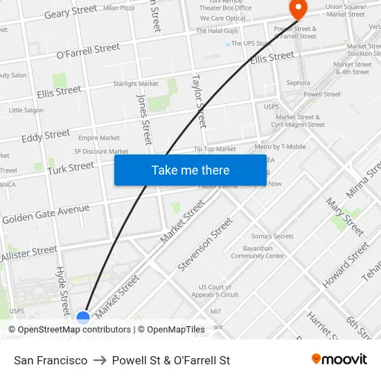 San Francisco to Powell St & O'Farrell St map