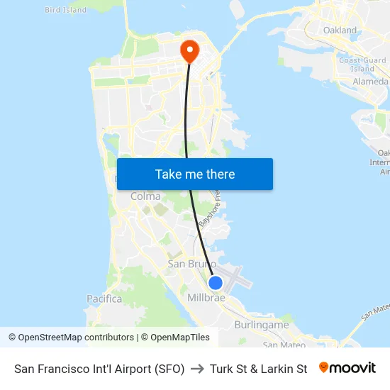 San Francisco Int'l Airport (SFO) to Turk St & Larkin St map