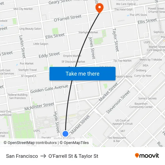 San Francisco to O'Farrell St & Taylor St map