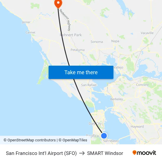 San Francisco Int'l Airport (SFO) to SMART Windsor map
