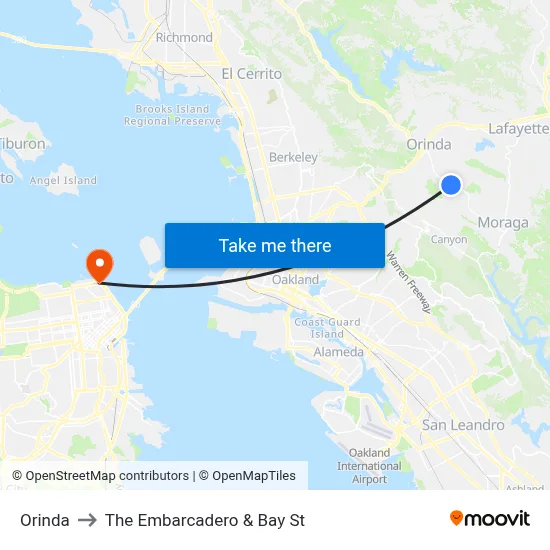Orinda to The Embarcadero & Bay St map