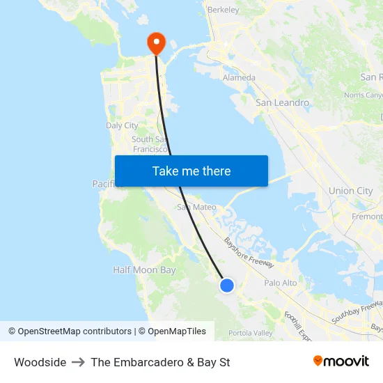 Woodside to The Embarcadero & Bay St map