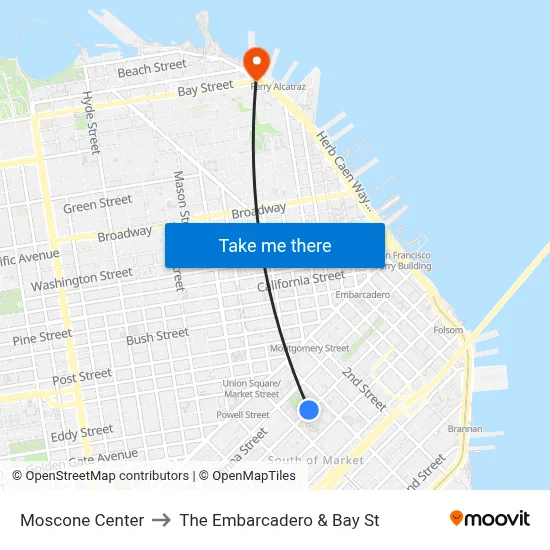 Moscone Center to The Embarcadero & Bay St map