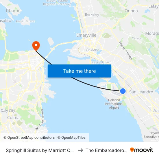 Springhill Suites by Marriott Oakland Airport to The Embarcadero & Bay St map
