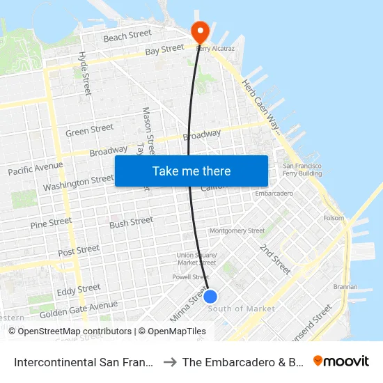Intercontinental San Francisco to The Embarcadero & Bay St map