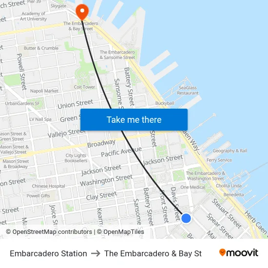Embarcadero Station to The Embarcadero & Bay St map