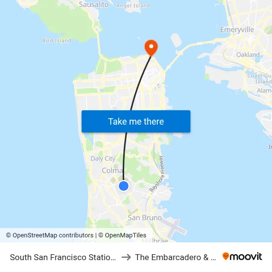 South San Francisco Station BART to The Embarcadero & Bay St map