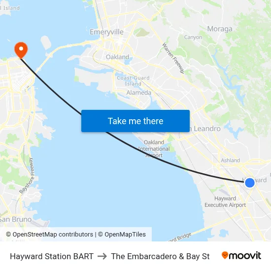 Hayward Station BART to The Embarcadero & Bay St map