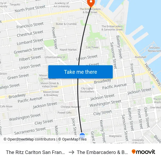 The Ritz Carlton San Francisco to The Embarcadero & Bay St map
