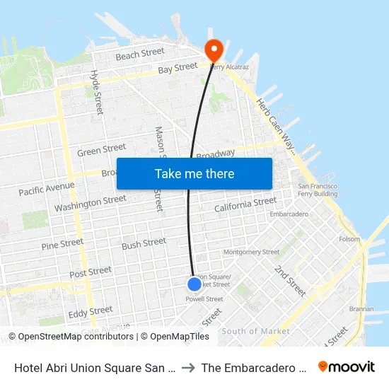 Hotel Abri Union Square San Francisco to The Embarcadero & Bay St map