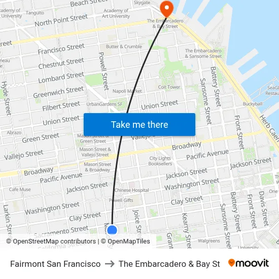 Fairmont San Francisco to The Embarcadero & Bay St map