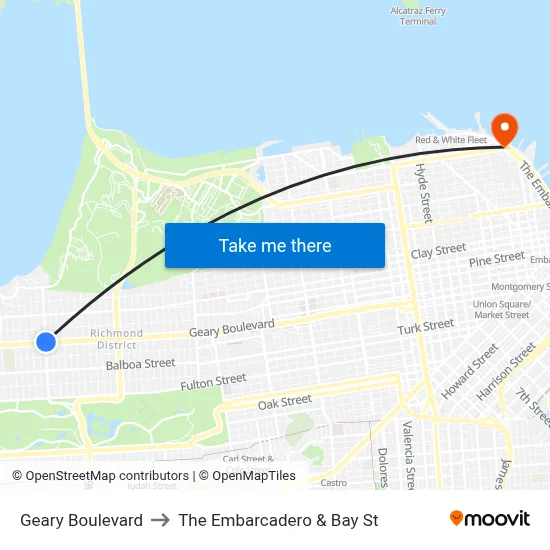 Geary Boulevard to The Embarcadero & Bay St map