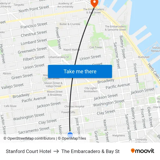 Stanford Court Hotel to The Embarcadero & Bay St map