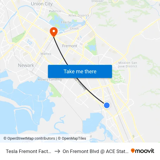 Tesla Fremont Factory to On Fremont Blvd @ ACE Station map