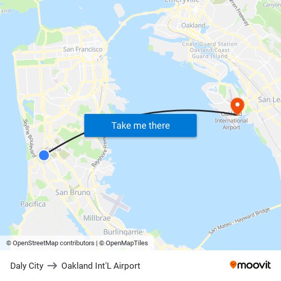 Daly City to Oakland Int'L Airport map