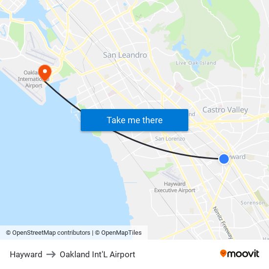 Hayward to Oakland Int'L Airport map