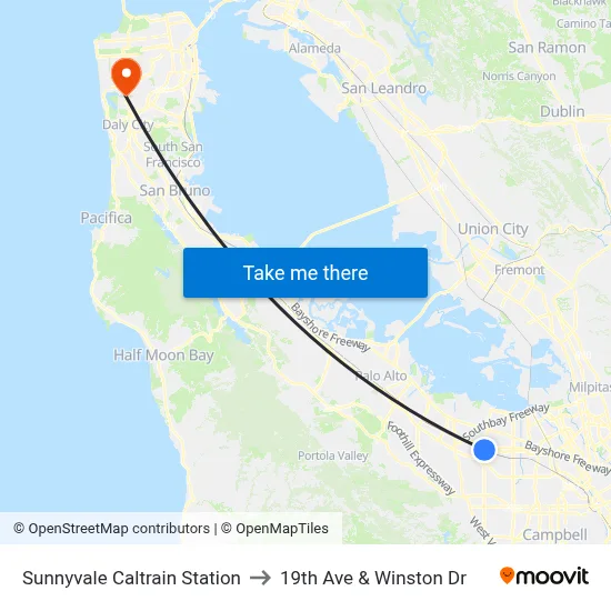 Sunnyvale Caltrain Station to 19th Ave & Winston Dr map