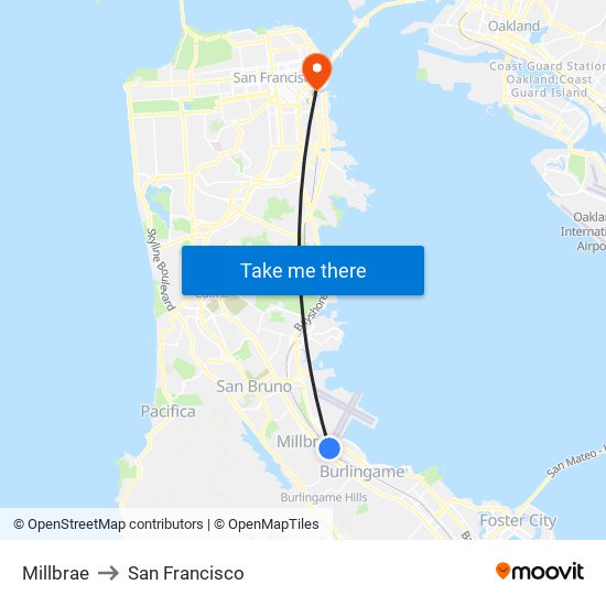 Millbrae to San Francisco map