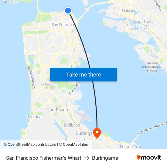 Fisherman's Wharf to Burlingame map