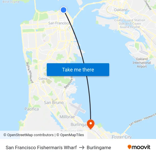 Fisherman's Wharf to Burlingame map
