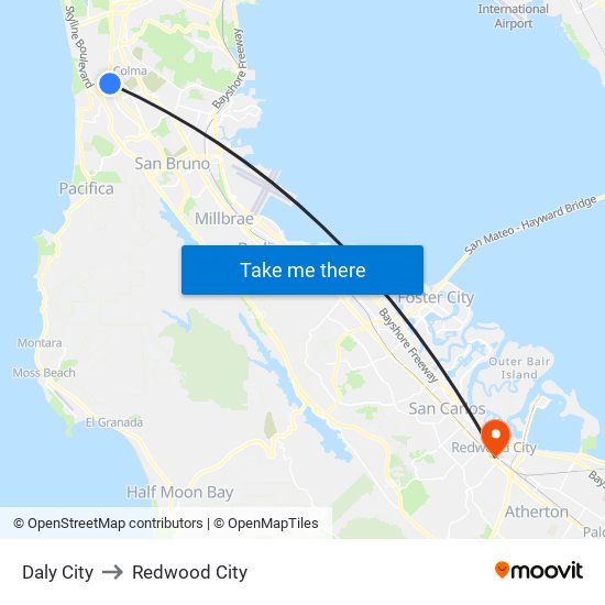 Daly City to Redwood City map