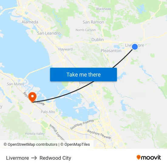 Livermore to Redwood City map