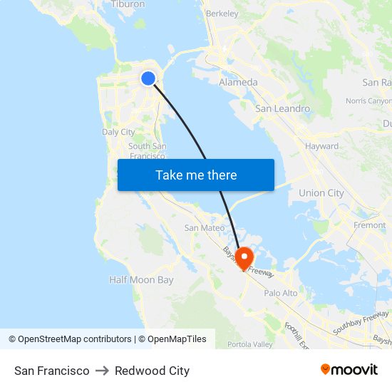 San Francisco to Redwood City map