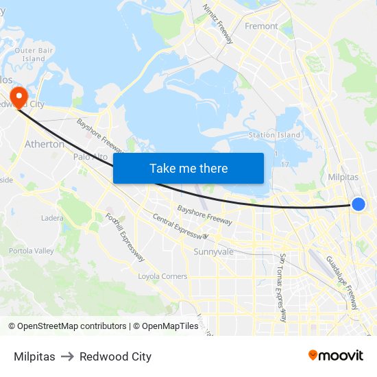 Milpitas to Redwood City map