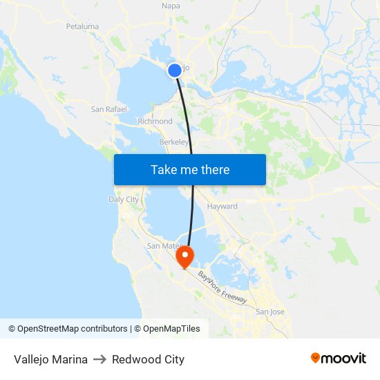 Vallejo Marina to Redwood City map