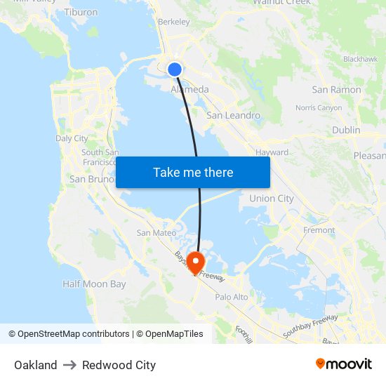 Oakland to Redwood City map