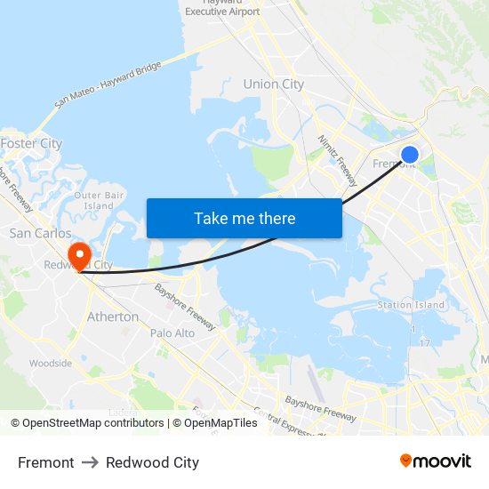 Fremont to Redwood City map