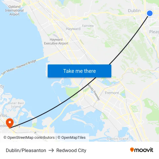 Dublin/Pleasanton to Redwood City map