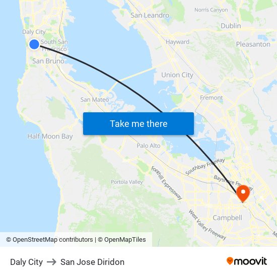 Daly City to San Jose Diridon map