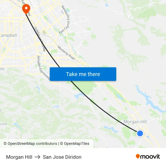 Morgan Hill to San Jose Diridon map