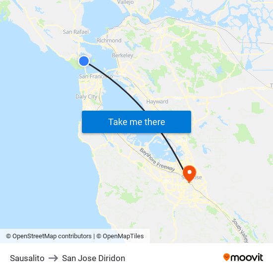 Sausalito to San Jose Diridon map