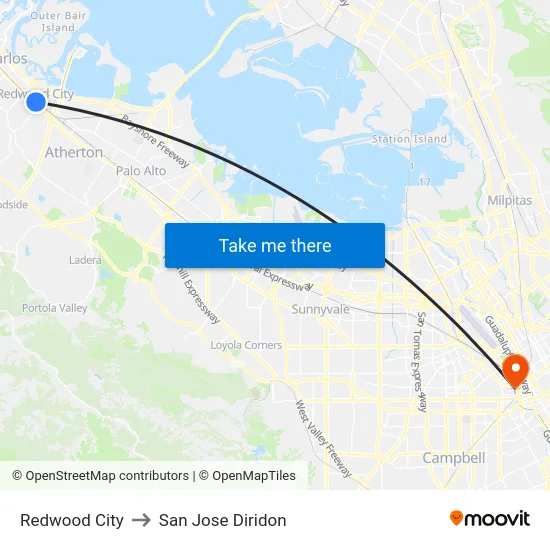 Redwood City to San Jose Diridon map