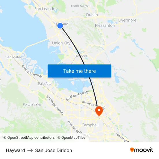 Hayward to San Jose Diridon map