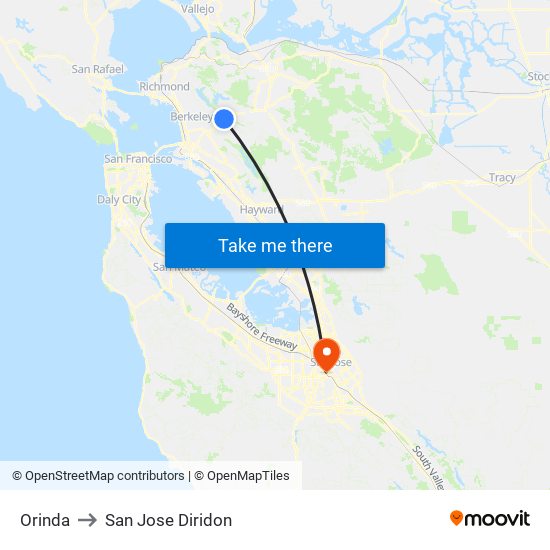 Orinda to San Jose Diridon map