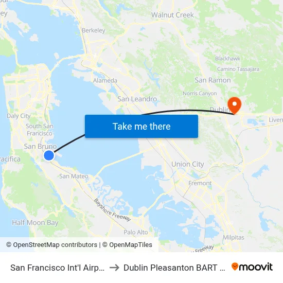 San Francisco Int'l Airport (SFO) to Dublin Pleasanton BART Unloading map