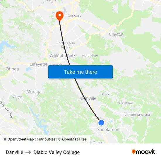 Danville to Diablo Valley College map