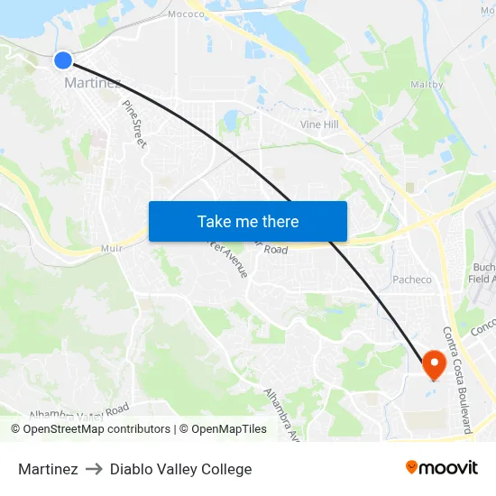 Martinez to Diablo Valley College map
