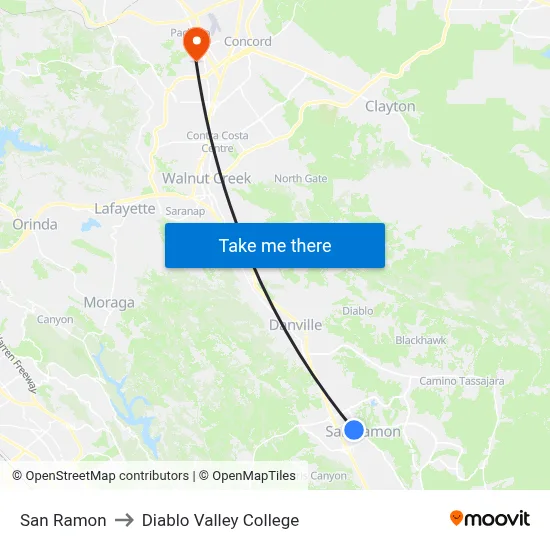 San Ramon to Diablo Valley College map