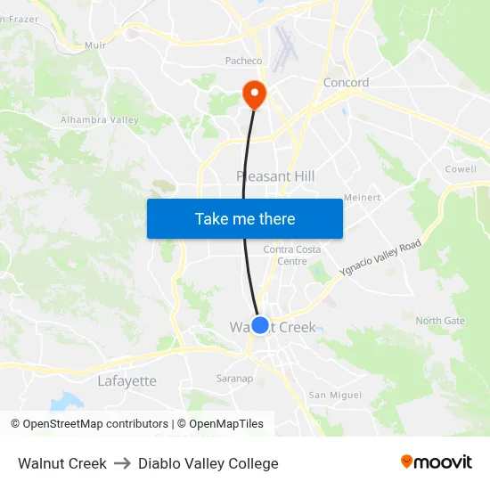 Walnut Creek to Diablo Valley College map