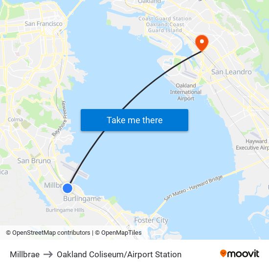 Millbrae to Oakland Coliseum / Airport Station map
