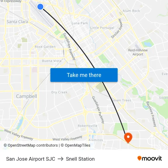 San Jose Airport SJC to Snell Station map