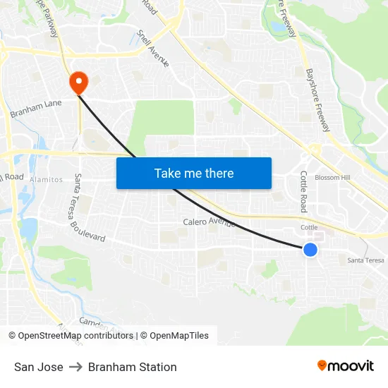 San Jose to Branham Station map