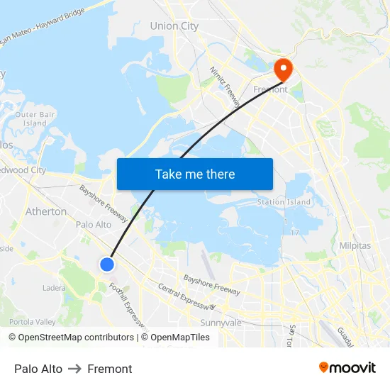 Palo Alto to Fremont map