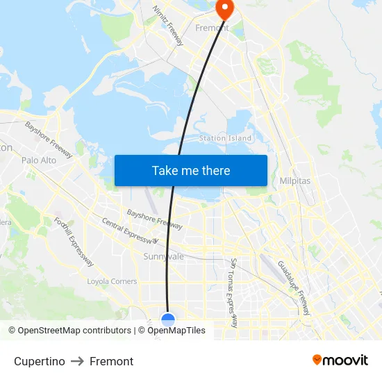 Cupertino to Fremont map