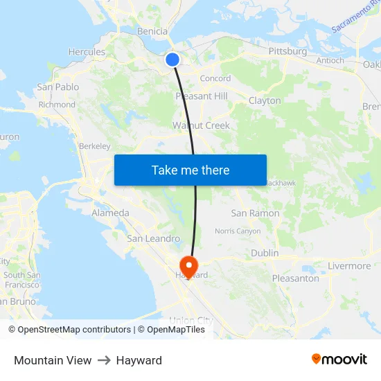 Mountain View to Hayward map