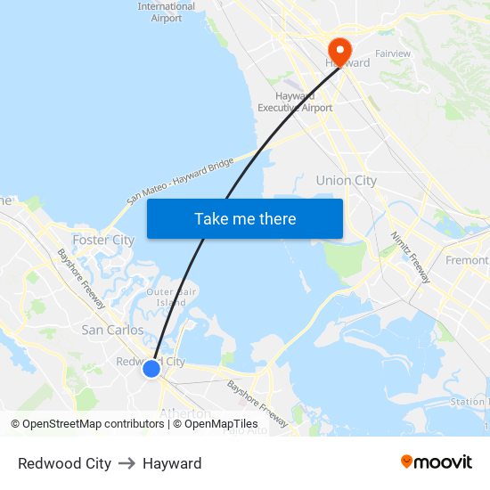 Redwood City to Hayward map